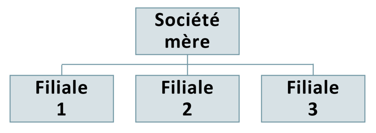 Un organigramme une case dans la rangée supérieure; Société mère et trois cases dans la rangée inférieure Filiale 1; Filiale 2 et Filiale 3; .